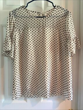 J. Crew Cream Blouse with Black Polka Dots and Ruffle Sleeves